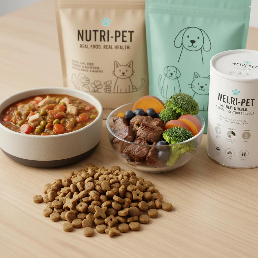 Assortment of healthy pet food options, balanced nutrition