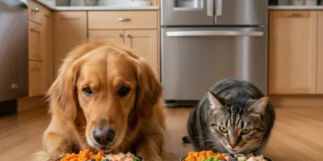 Healthy dog and cat eating micronutrient-rich food