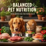 Healthy dog and cat eating balanced pet food