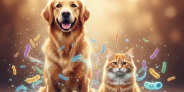 Healthy dog and cat with glowing probiotic microbes, symbolizing enhanced pet immunity