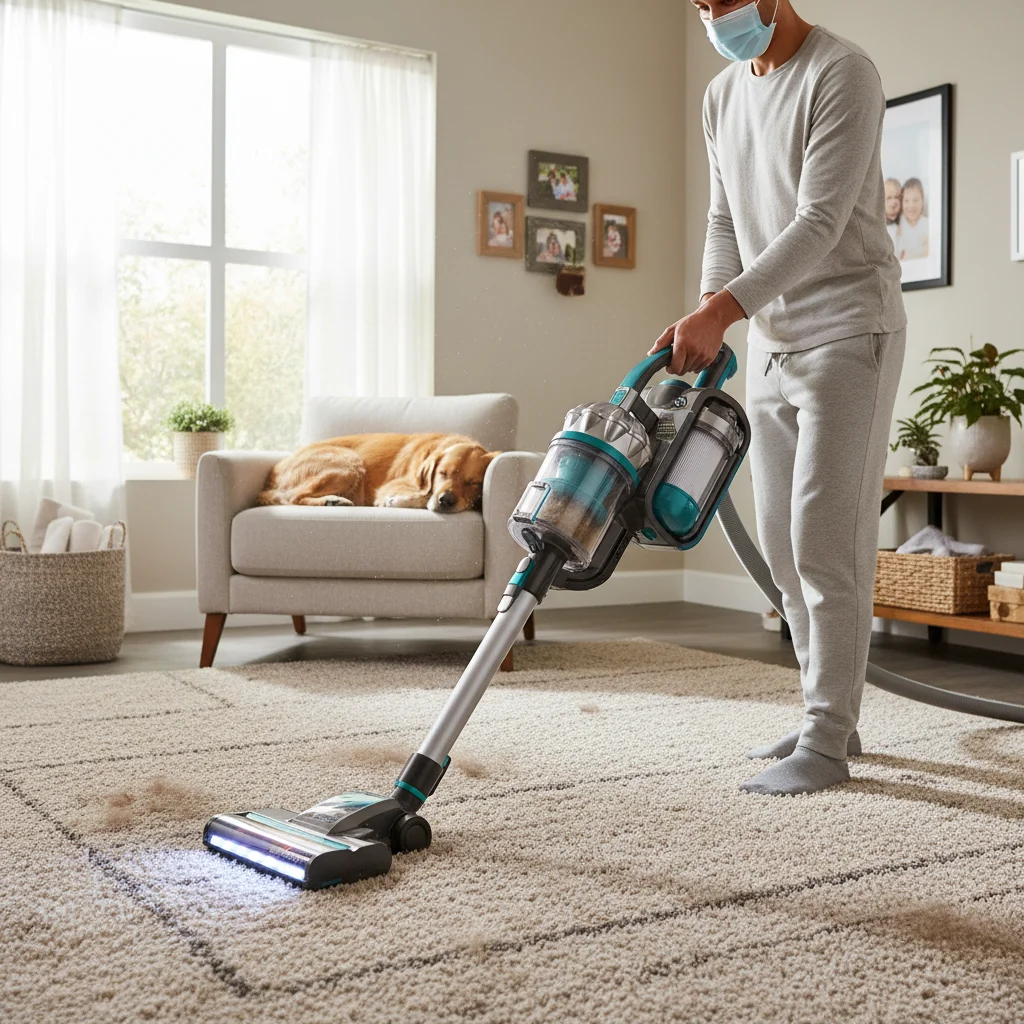 Person using a HEPA filter vacuum cleaner to remove pet dander from carpet.
