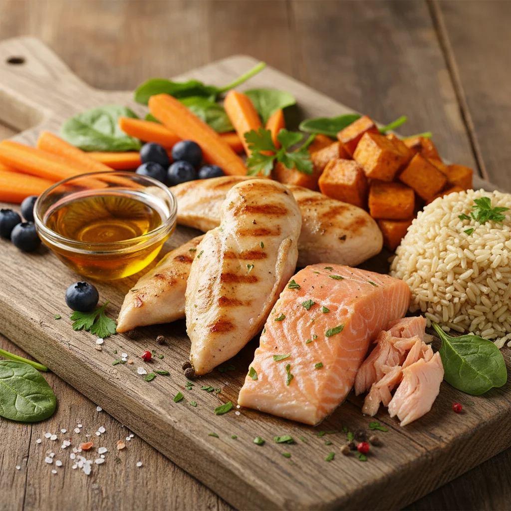 Close-up of diverse, high-quality pet food ingredients: protein, healthy fats, carbs, and vegetables.
