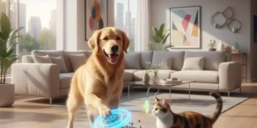 Happy golden retriever and calico cat playing with futuristic interactive pet toy