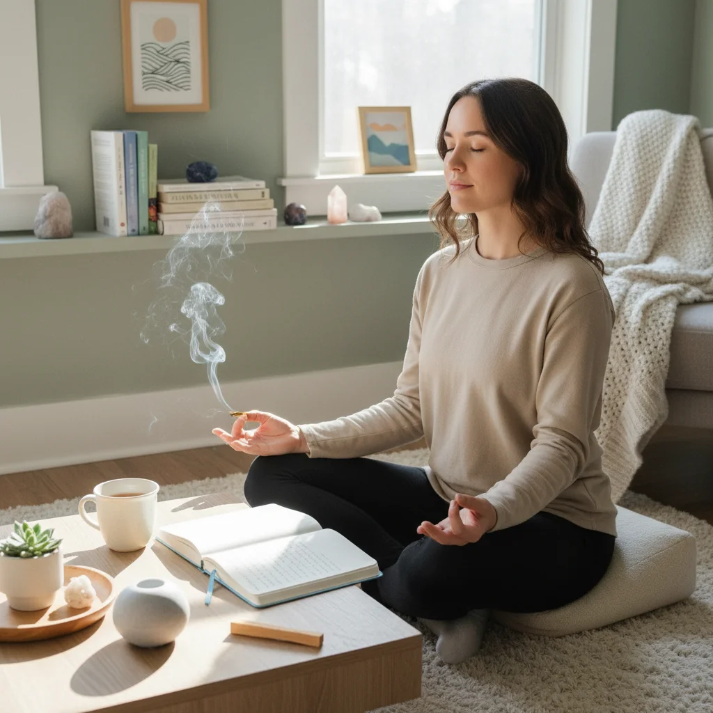 Person journaling and meditating for self-care and mindfulness.