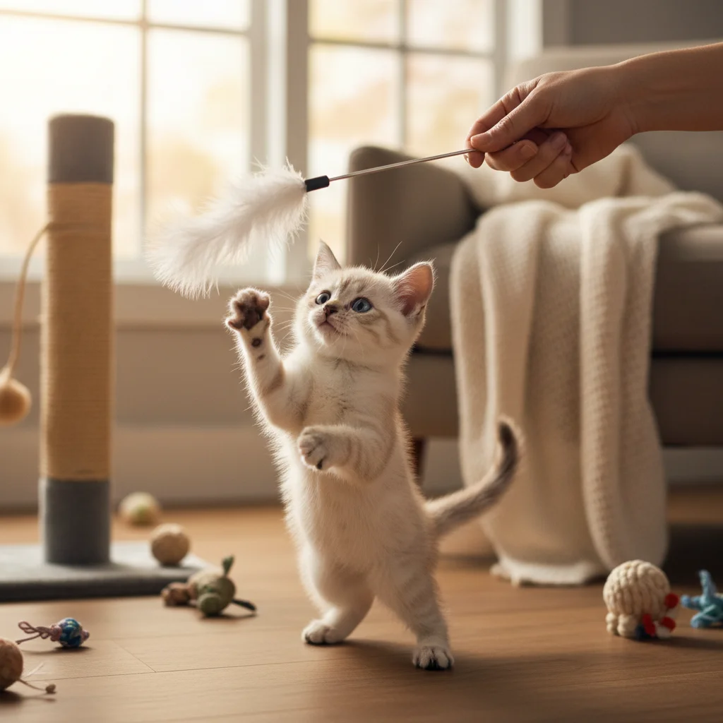 Kitten actively playing with a feather wand toy indoors, showing keen focus.