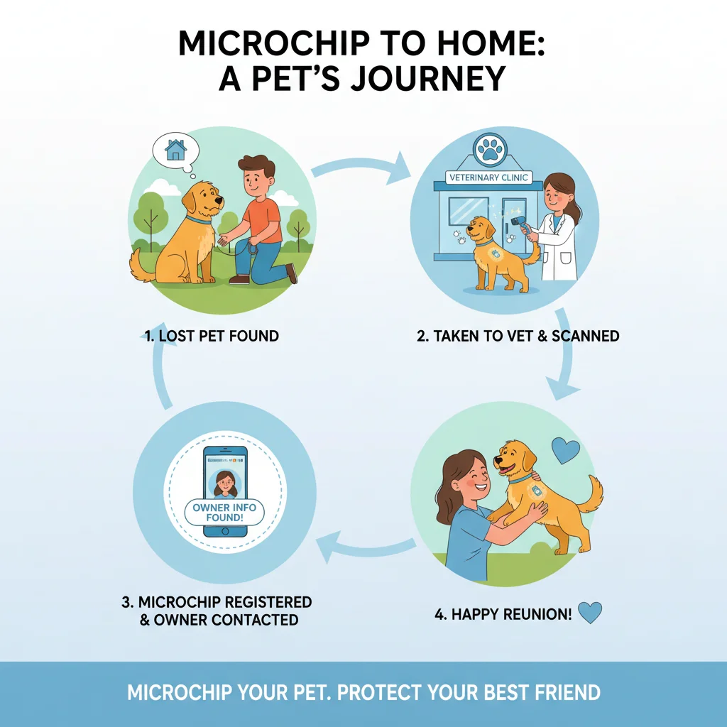 Infographic showing lost pet reunion via microchip.