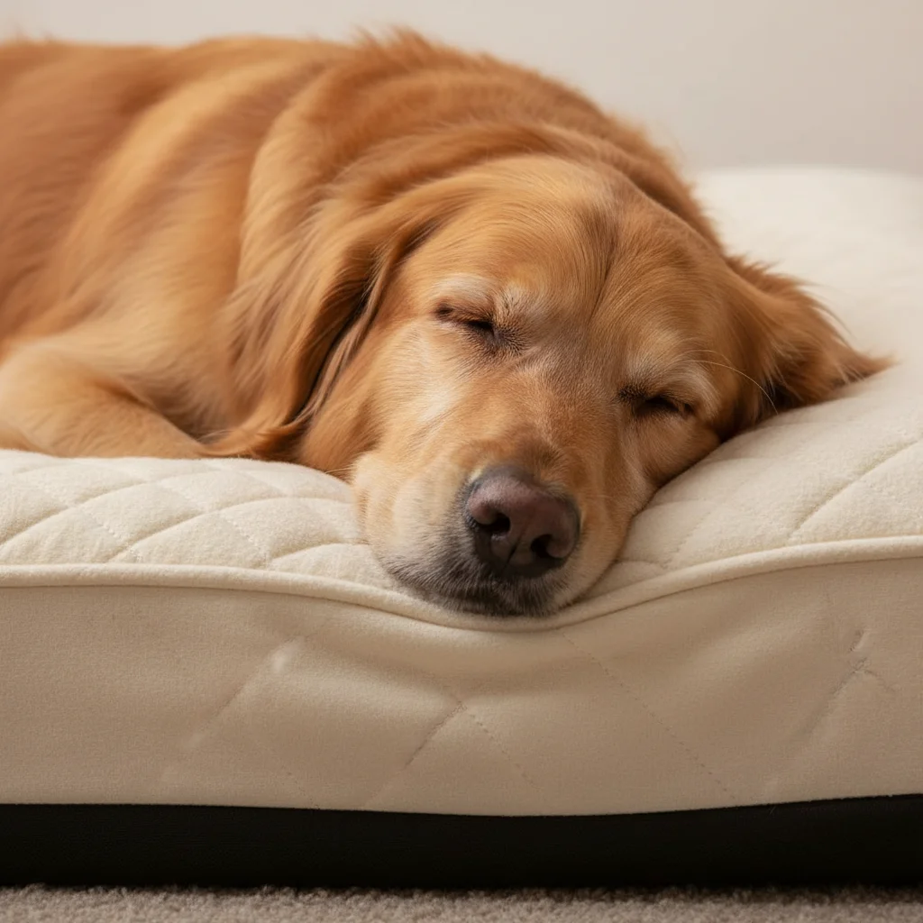 Dog's head comfortably resting on a contoured memory foam pet bed, illustrating deep and supportive sleep.