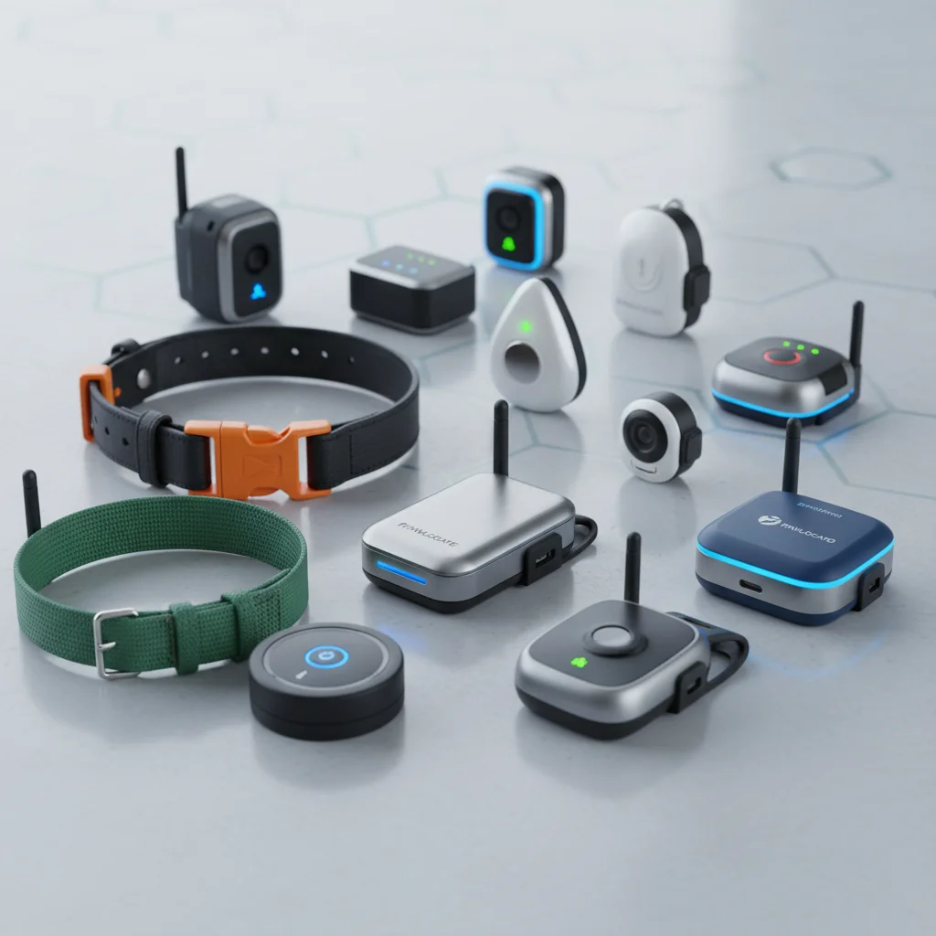 Variety of modern GPS pet tracker devices for different pets