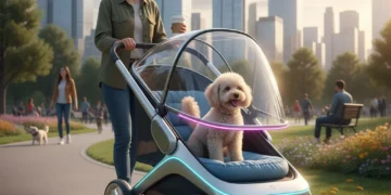 Modern pet stroller with small dog in urban park