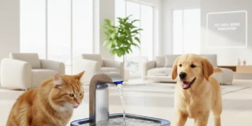 Modern pet water fountain with cat and dog drinking, emphasizing fresh water and pet health.