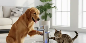 Modern pet water fountain with glowing water, happy dog and cat, enhancing pet hydration.