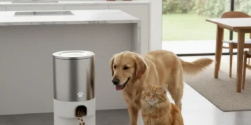 Modern smart pet feeder dispensing food to a happy pet