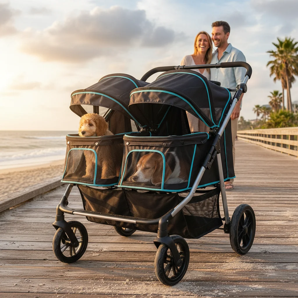 Multi-pet stroller for two dogs on boardwalk