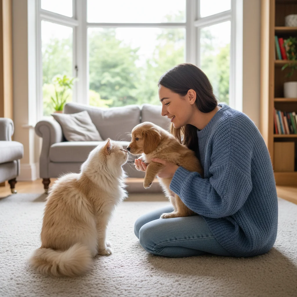 Careful introduction of a new puppy to an older cat, promoting pet harmony.