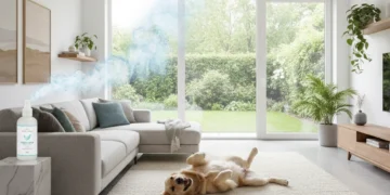 Happy dog in an odor-free living room, showcasing effective pet odor elimination.