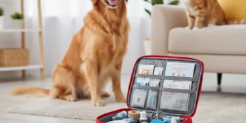 Organized pet first aid kit with dog and cat watching