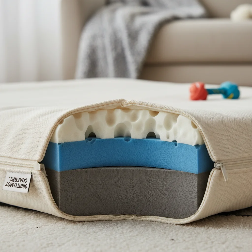 Cross-section view of a multi-layered memory foam orthopedic pet bed demonstrating advanced support technology.