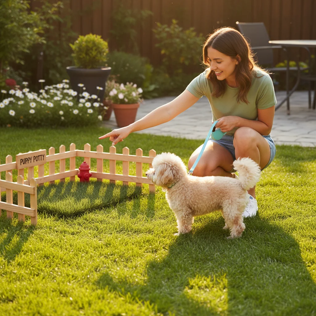 Owner guiding dog to outdoor potty area with positive reinforcement.