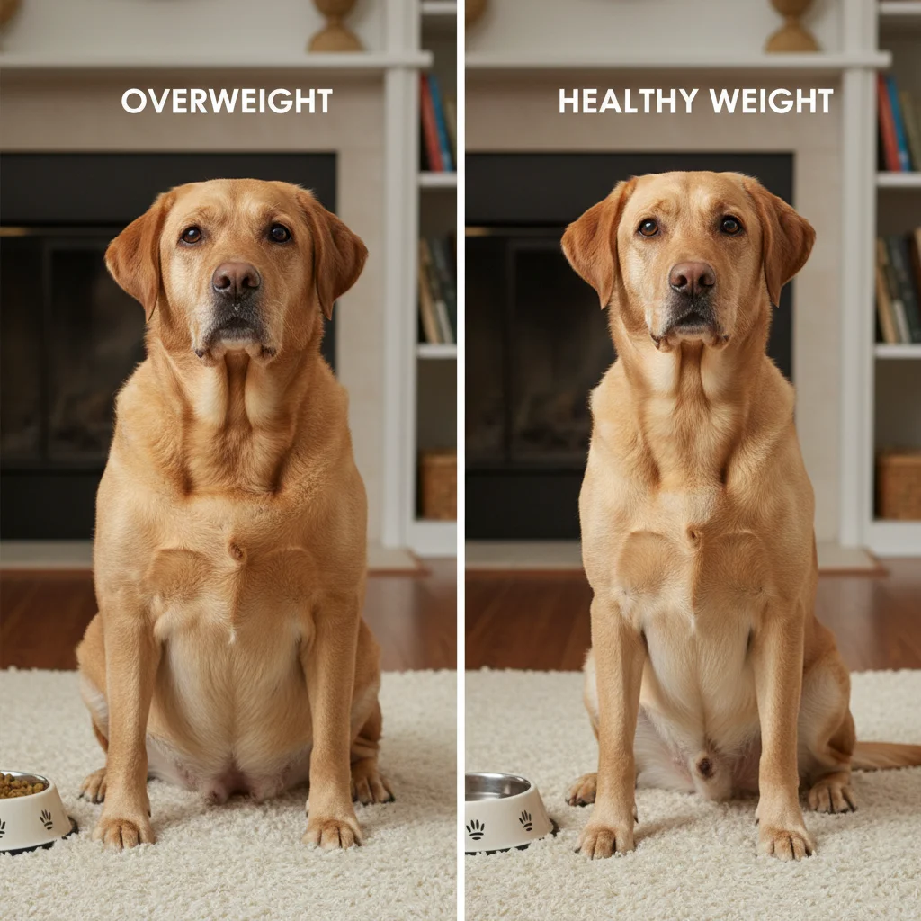 Comparison of an overweight dog versus a healthy weight dog, highlighting the visual differences in body condition scores.