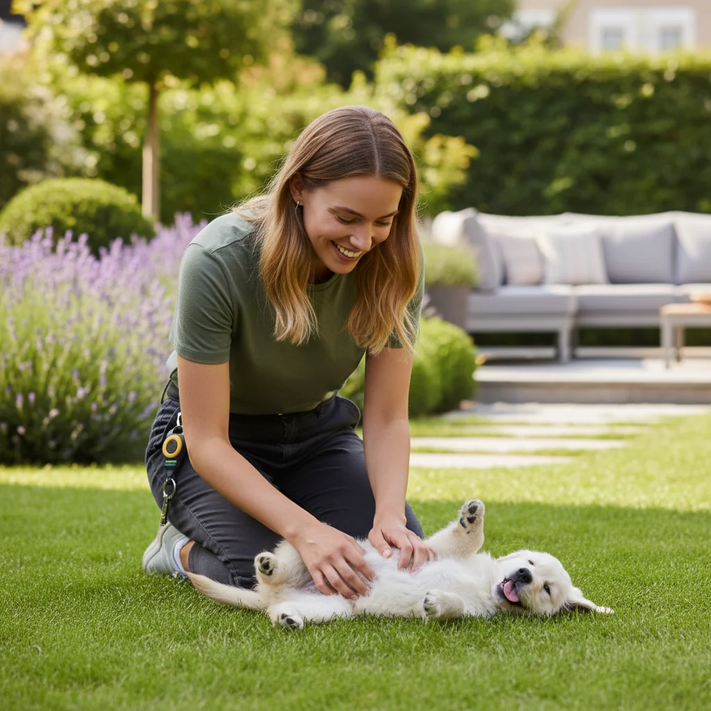 Owner rewarding puppy with belly rub for good behavior