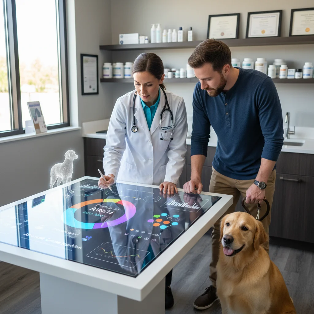 Veterinarian and pet owner reviewing personalized raw diet plan on a tablet.