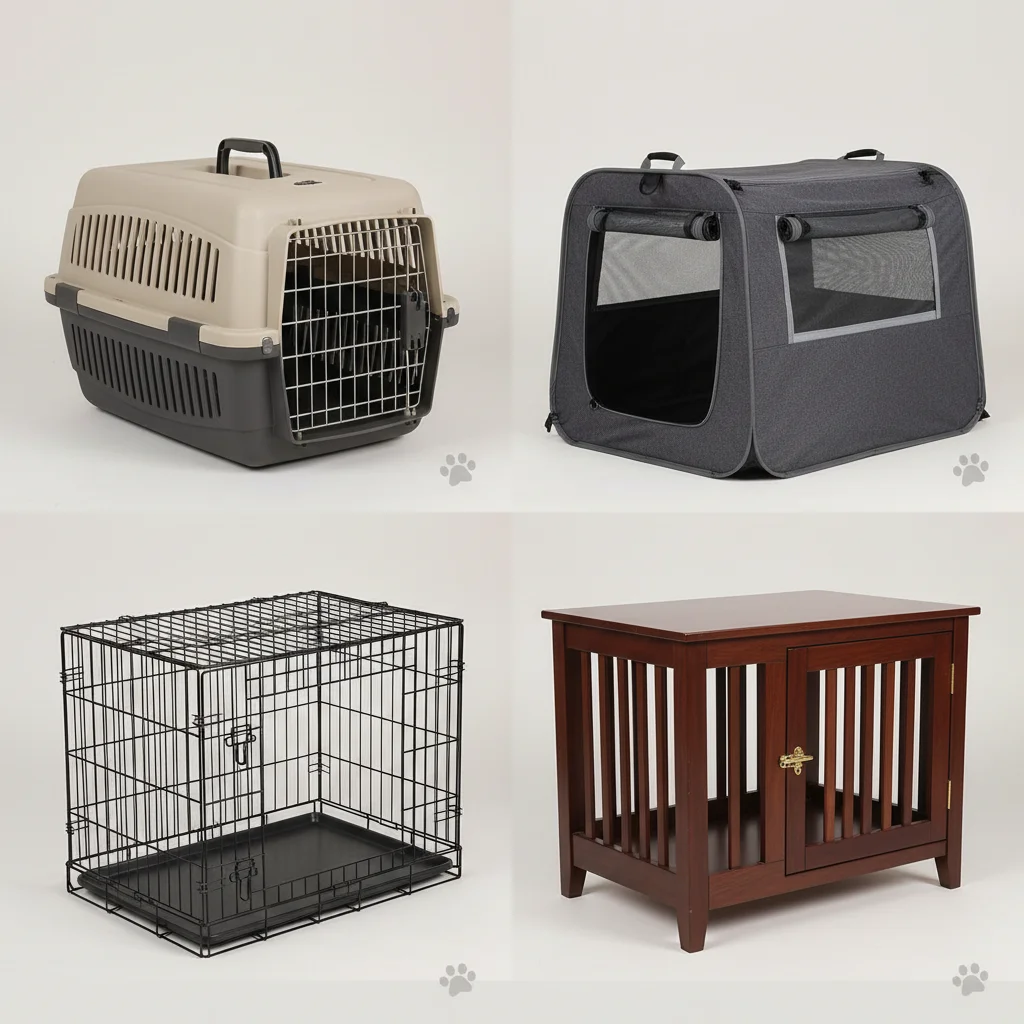 Variety of pet crate materials: wire, plastic, fabric, wood
