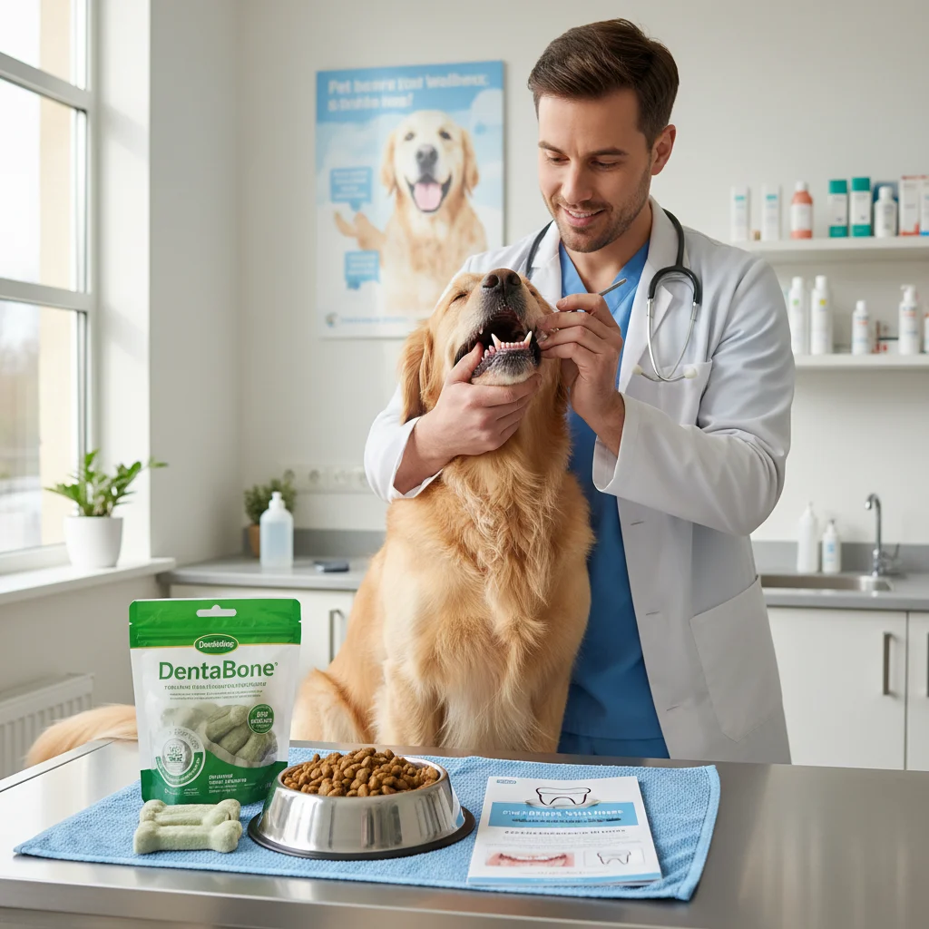 Veterinarian checking a pet's teeth with dental care products nearby