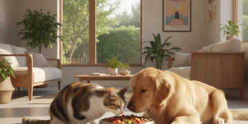 Pet Diet & Behavior: Unraveling the Nutritional Impact on Anxiety & Aggression (2026 Analysis) Golden retriever and cat calmly eating from a bowl of premium pet food, symbolizing good pet diet and behavior.