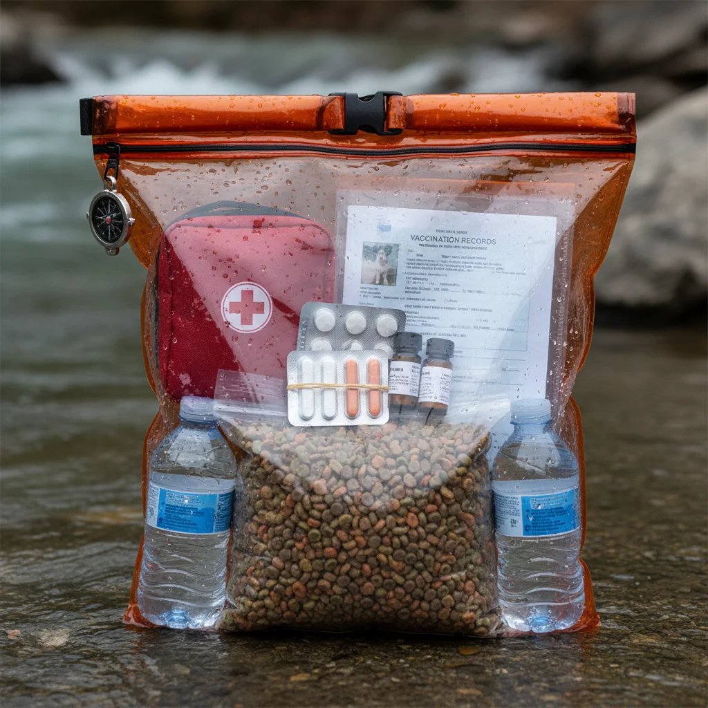 Waterproof pet emergency supply container with food and medicine