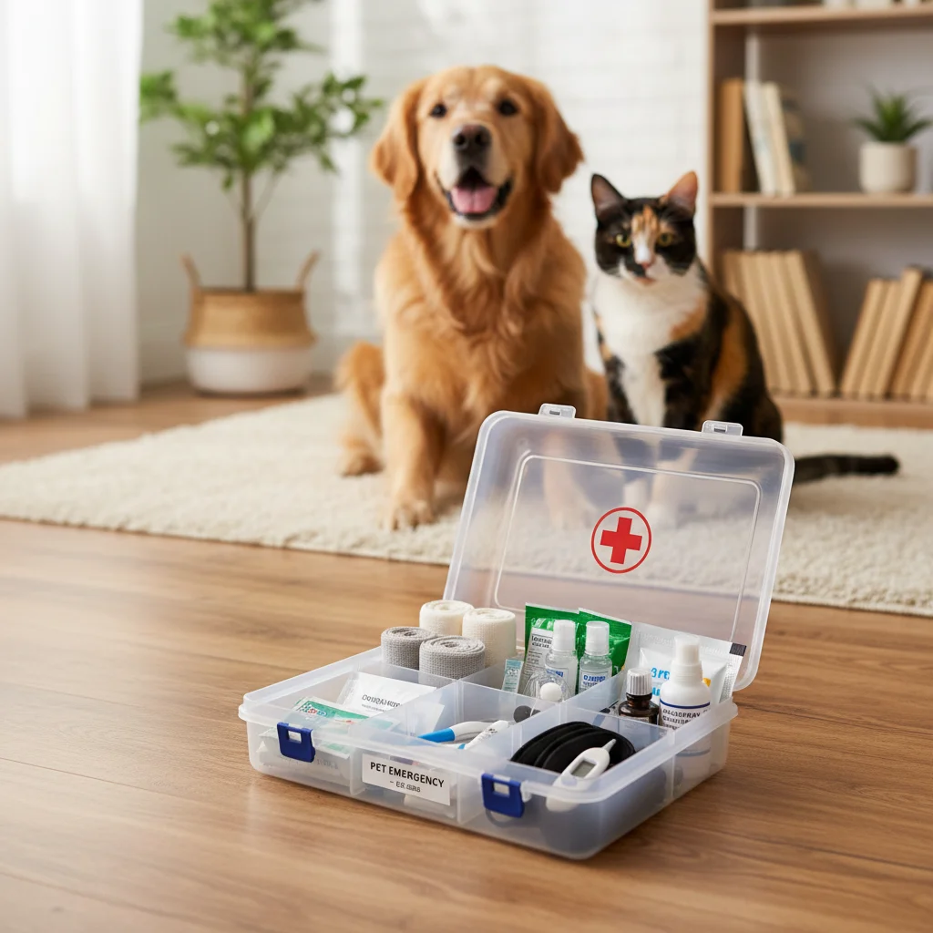 Organized pet first aid kit with essential supplies for dog and cat emergencies in 2026.