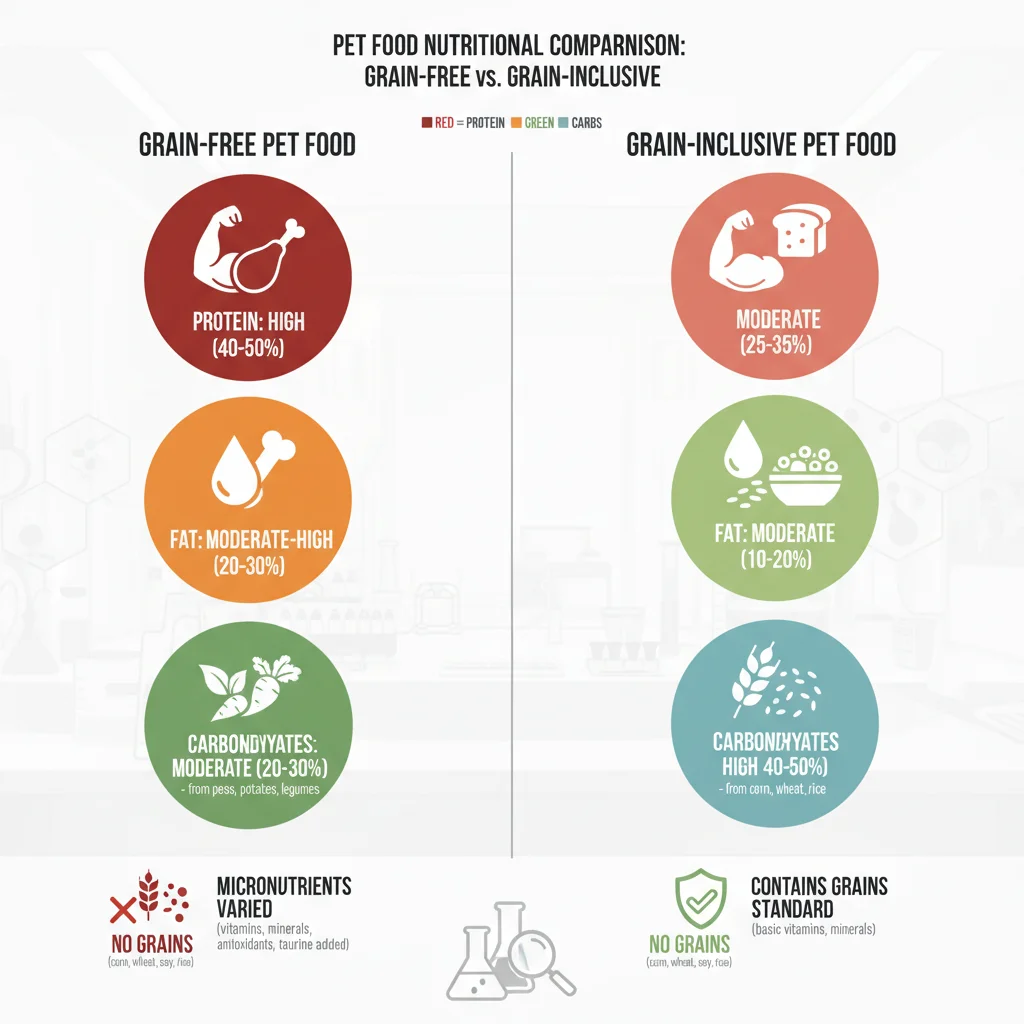 Infographic comparing nutritional profiles of grain-free versus grain-inclusive pet foods
