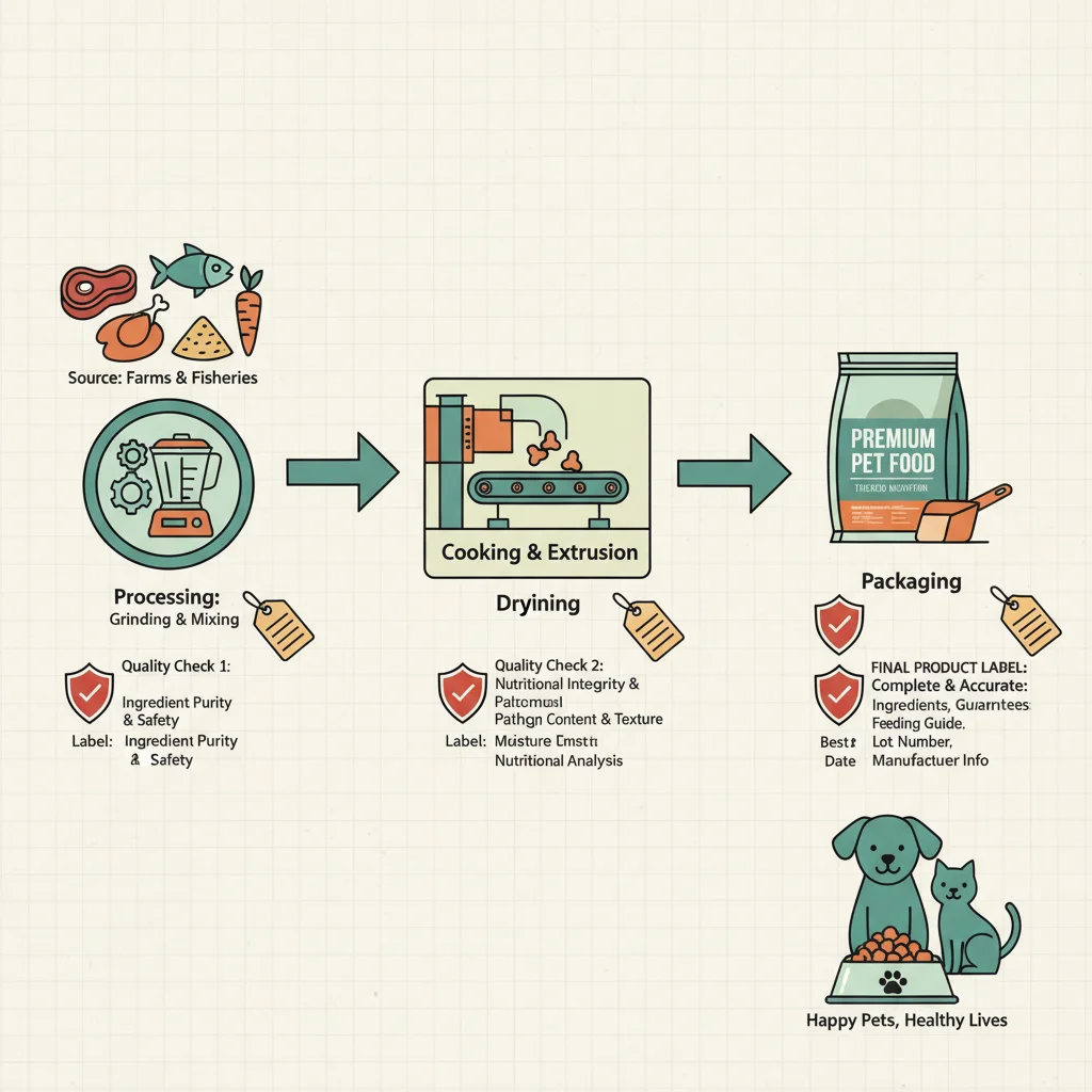 Illustration of pet food journey from ingredients to product with quality control