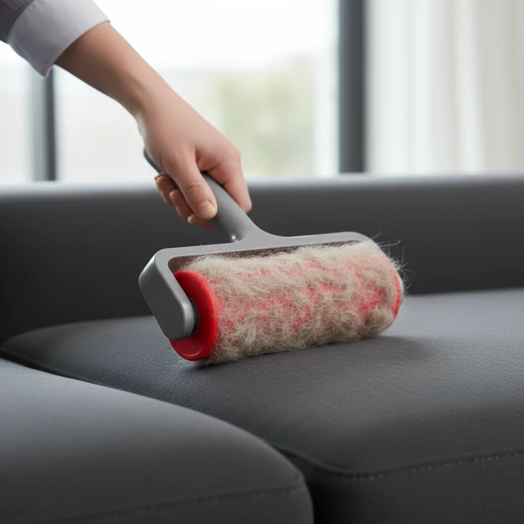 Hand using a specialized lint roller to remove pet hair from a dark sofa.