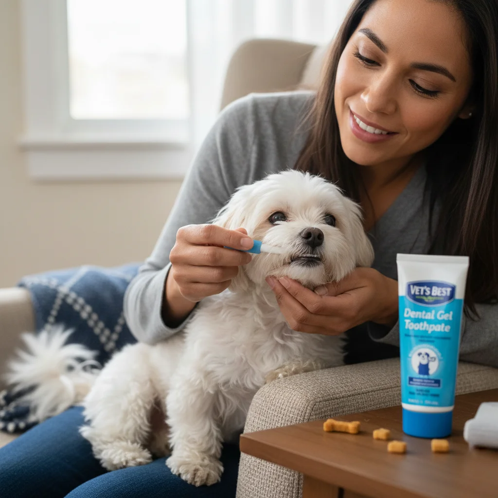 Pet owner brushing small dog's teeth with a finger toothbrush
