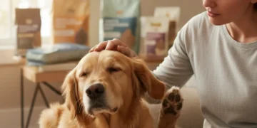 Pet Allergy Management: 2026 Dietary Solutions Guide Owner comforts itchy dog, pet food bags in background