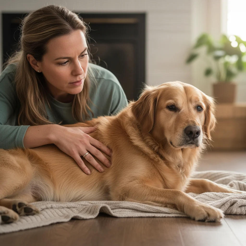Pet owner performing a rib check on a dog, demonstrating a hands-on method for assessing pet body condition.
