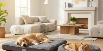 Happy dog and cat sleeping soundly on advanced orthopedic pet beds in a sunlit living room, symbolizing enhanced pet sleep.