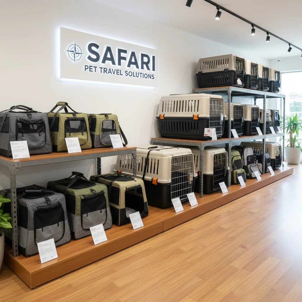Assortment of pet travel crates and carriers for car safety