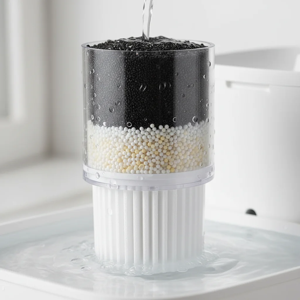 Multi-stage filtration system for pet water fountain, showcasing advanced water purification.