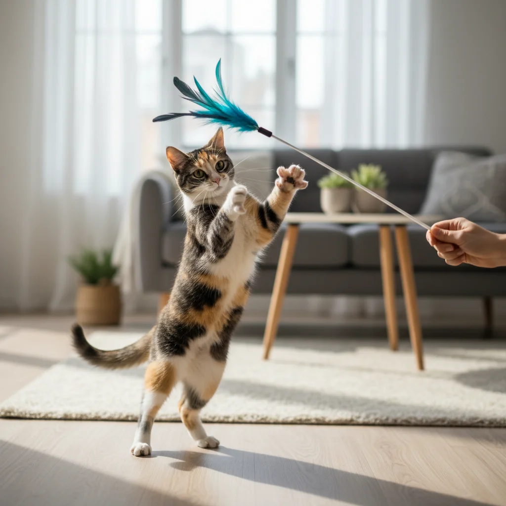 Playful cat jumping for a wand toy in a small living room