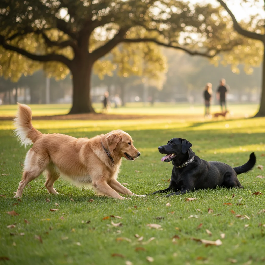 Two dogs engaged in playful interaction with a play bow