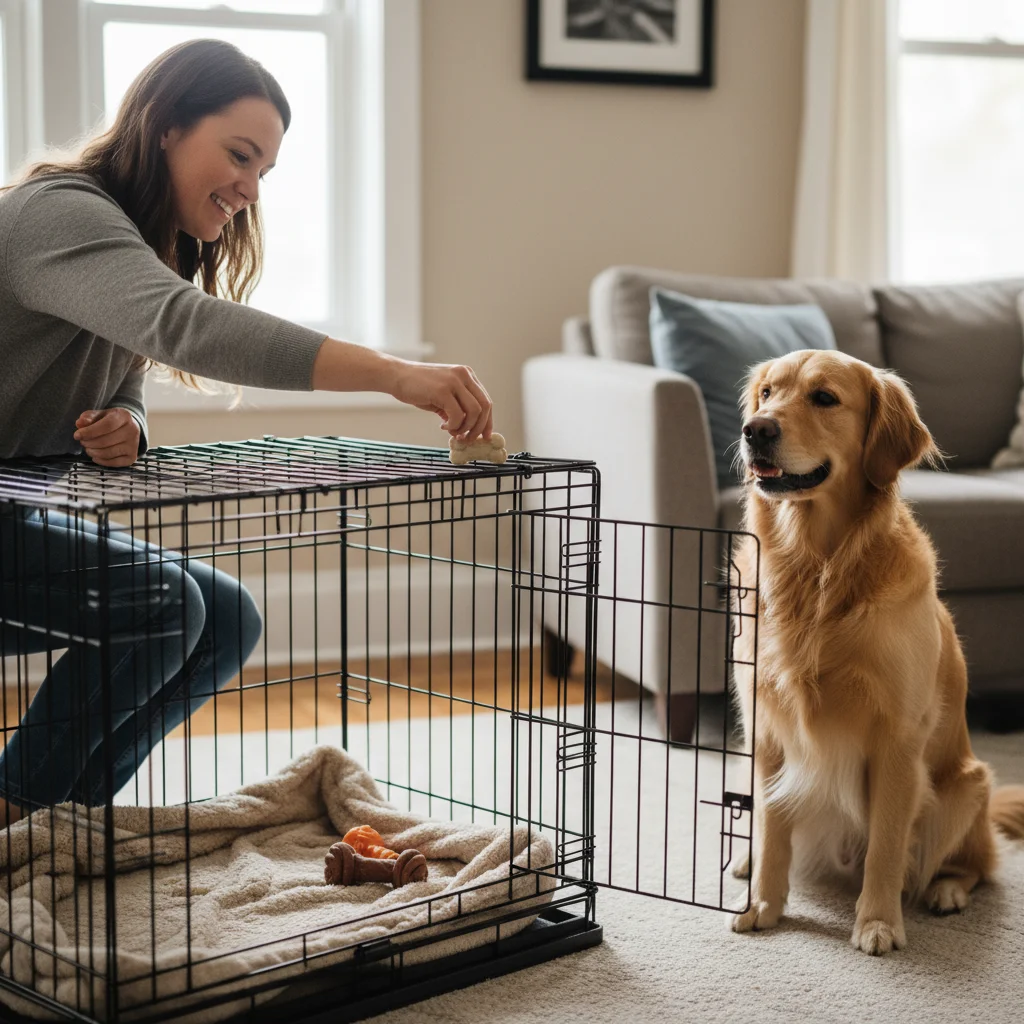 Person placing treat in open dog crate, dog watching curiously