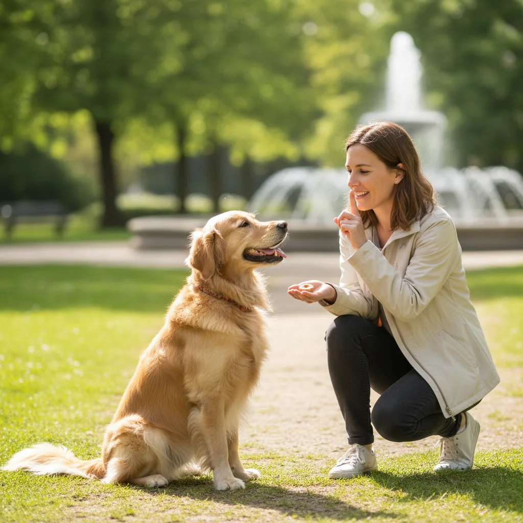 Dog receiving a treat for being quiet during positive reinforcement training session.