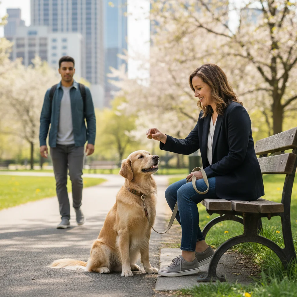 Dog receiving treat for calm behavior near stranger