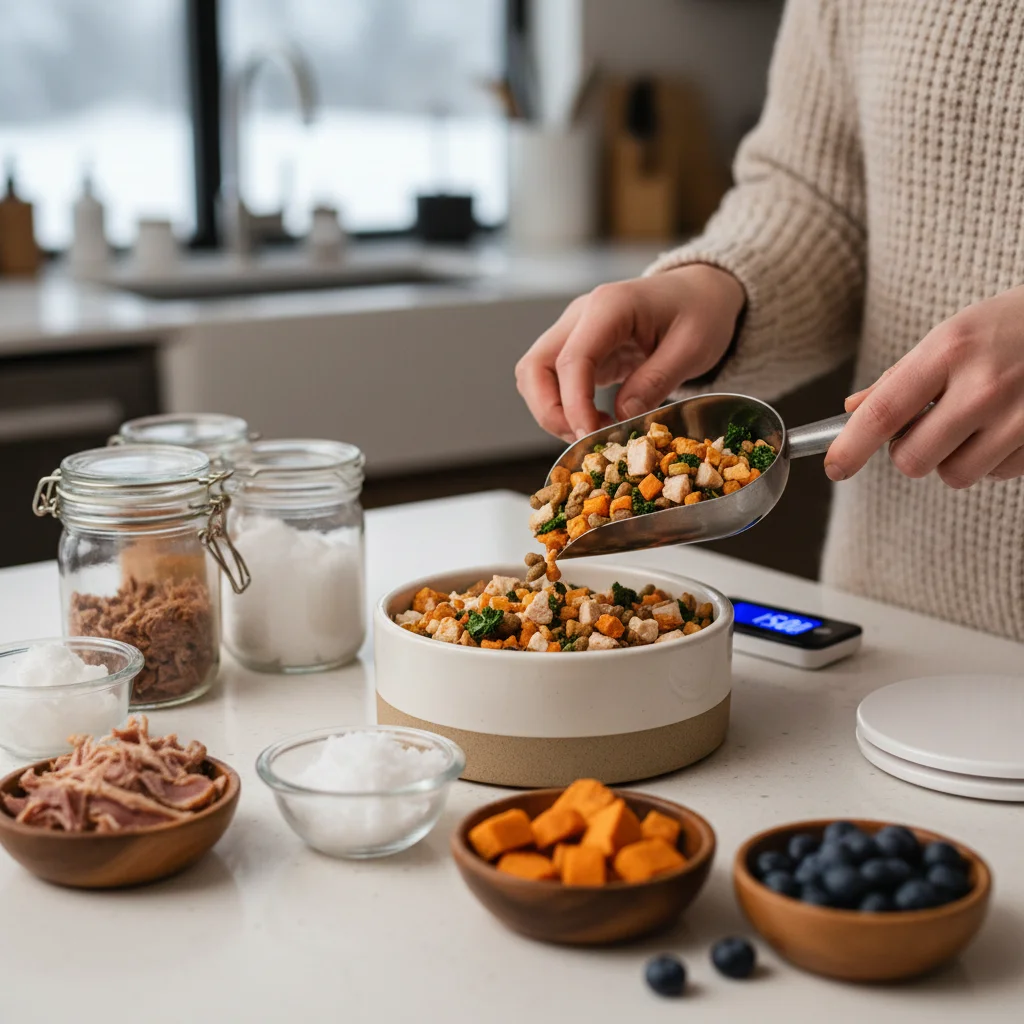 Pet owner preparing specialized winter pet food in kitchen