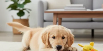 Puppy chewing on a red rubber toy, preventing destructive behavior