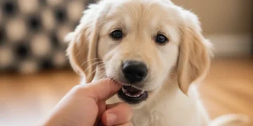 Golden retriever puppy nipping at a hand, illustrating common puppy behavior.