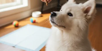 Mastering Puppy Potty Training: 7-Day Positive Reinforcement Guide Puppy looking at a treat after successful potty training