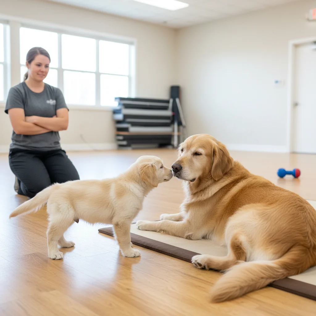 Puppy learning social cues from a calm older dog.