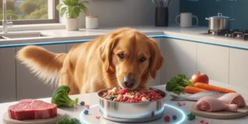 Happy dog eating raw pet food with fresh ingredients, depicting raw feeding trends for 2026.